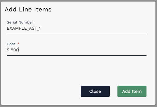 Add Line Items dialog with Serial Number and Cost populated