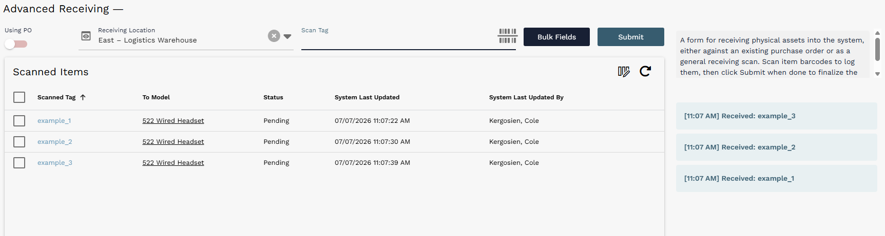 Advanced Receiving after three scanned items have been added. The scan log on the right shows the scanned values chronologically