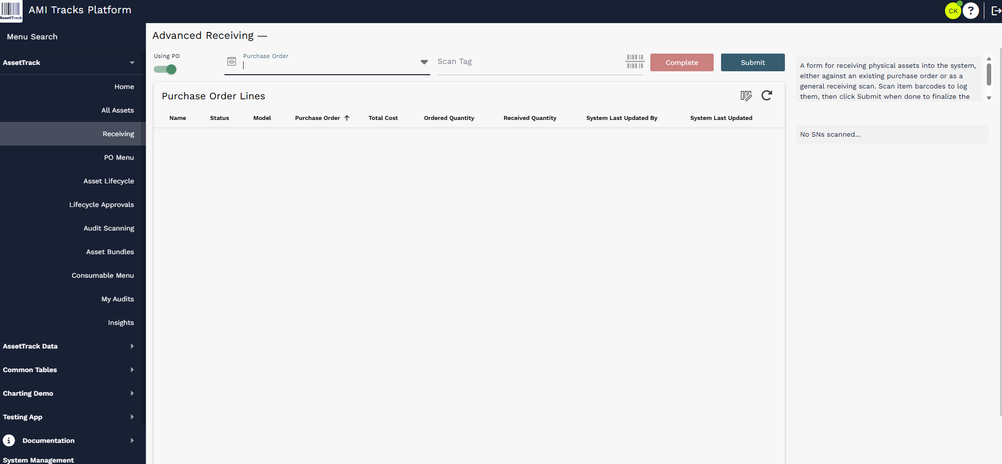 Advanced Receiving page with Using PO enabled and the Purchase Order field ready for selection