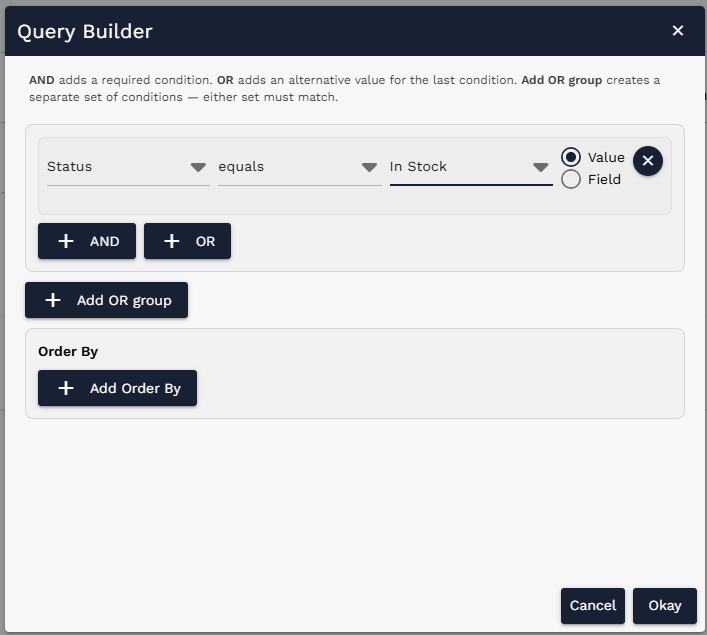 Asset Filter example limiting audited assets to Status equals In Stock