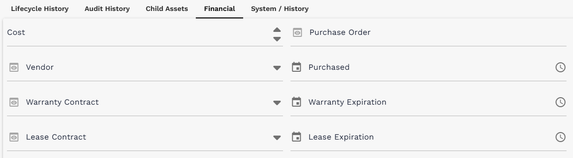 Tabbed section showing Financial fields on an Asset form