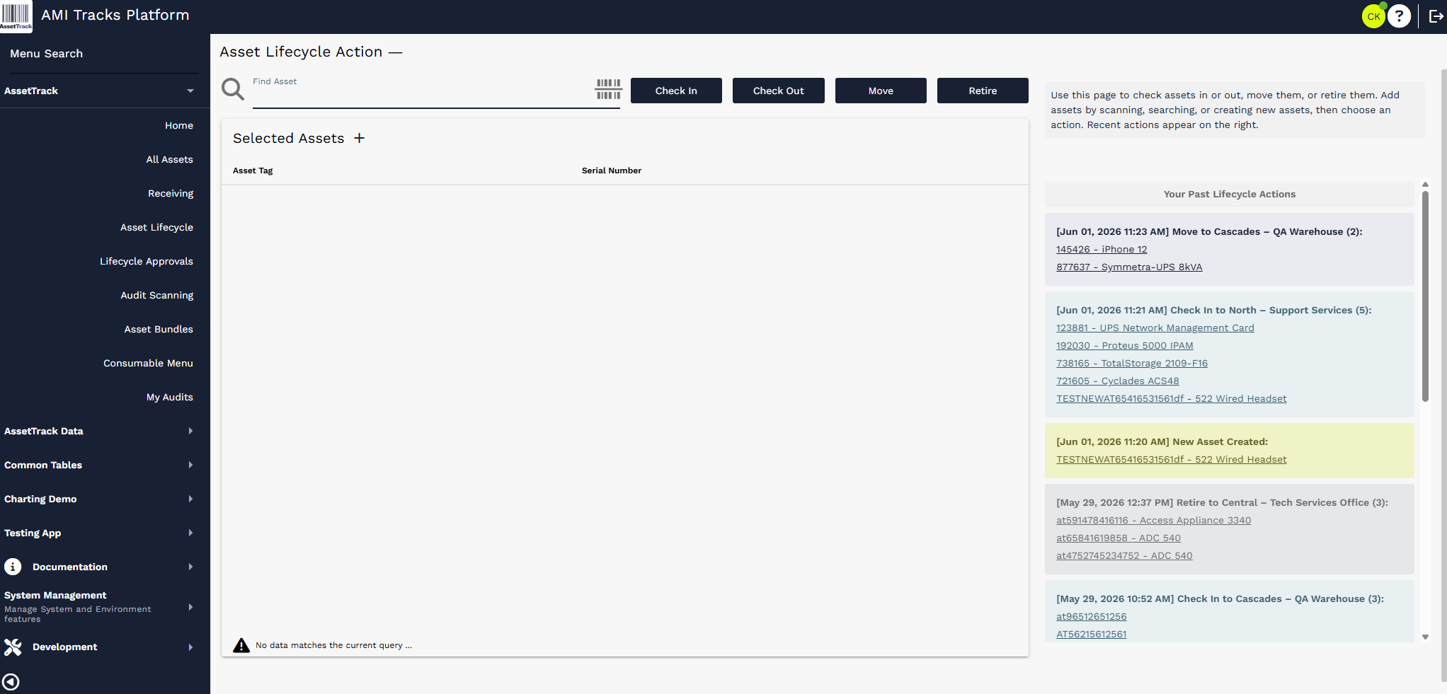 Asset Lifecycle Action page with Find Asset, action buttons, Selected Assets, and past lifecycle actions