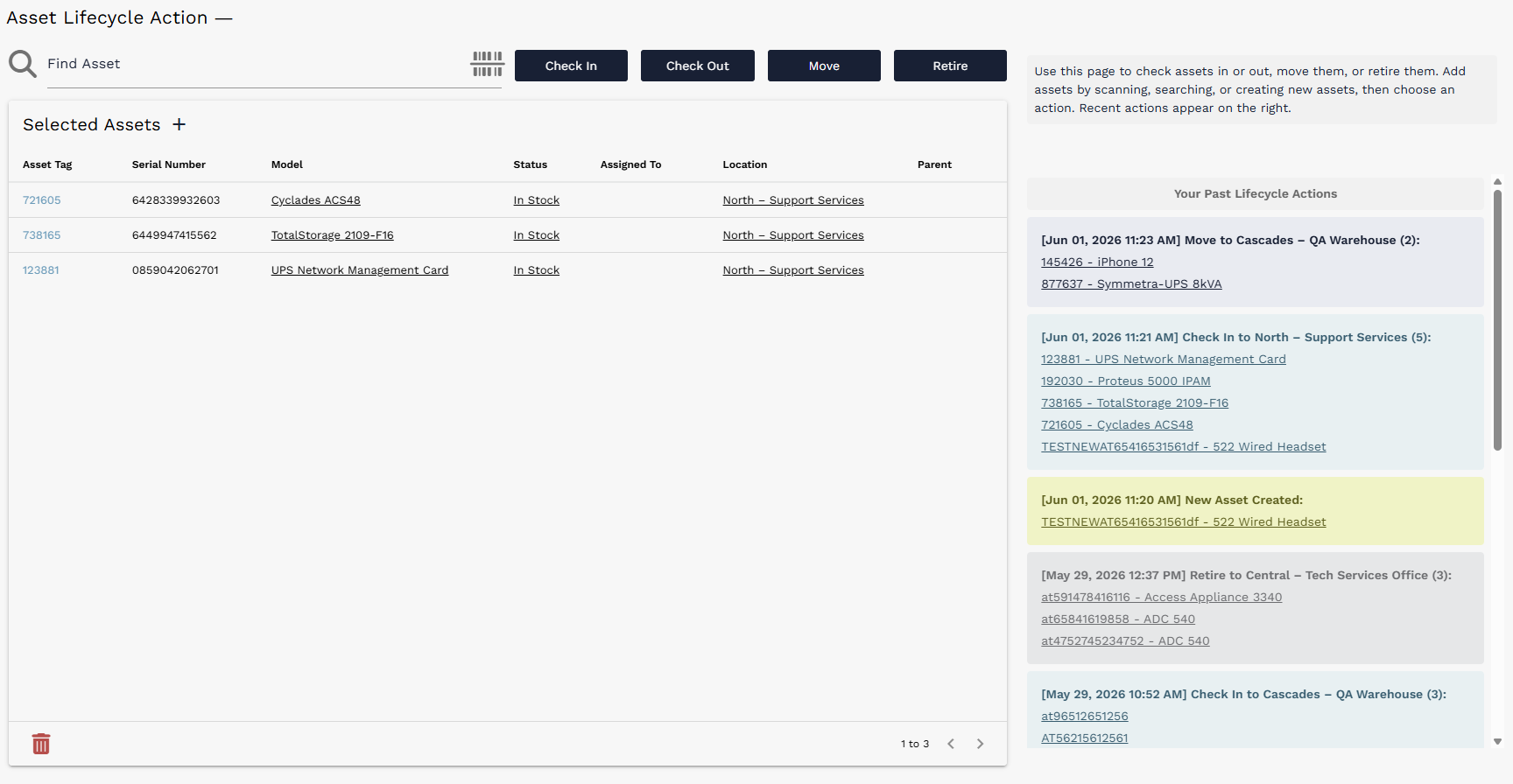 Example display form: Asset Lifecycle Action interface with fields, buttons, selected assets, and recent actions