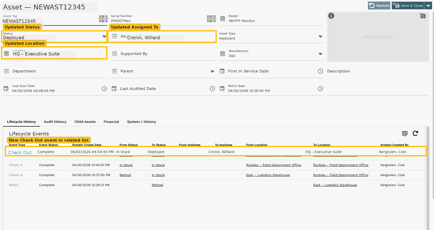 Asset record after Check Out showing updated Status, Assigned To, and Location fields, plus the new Check Out entry in the embedded Asset Lifecycle list