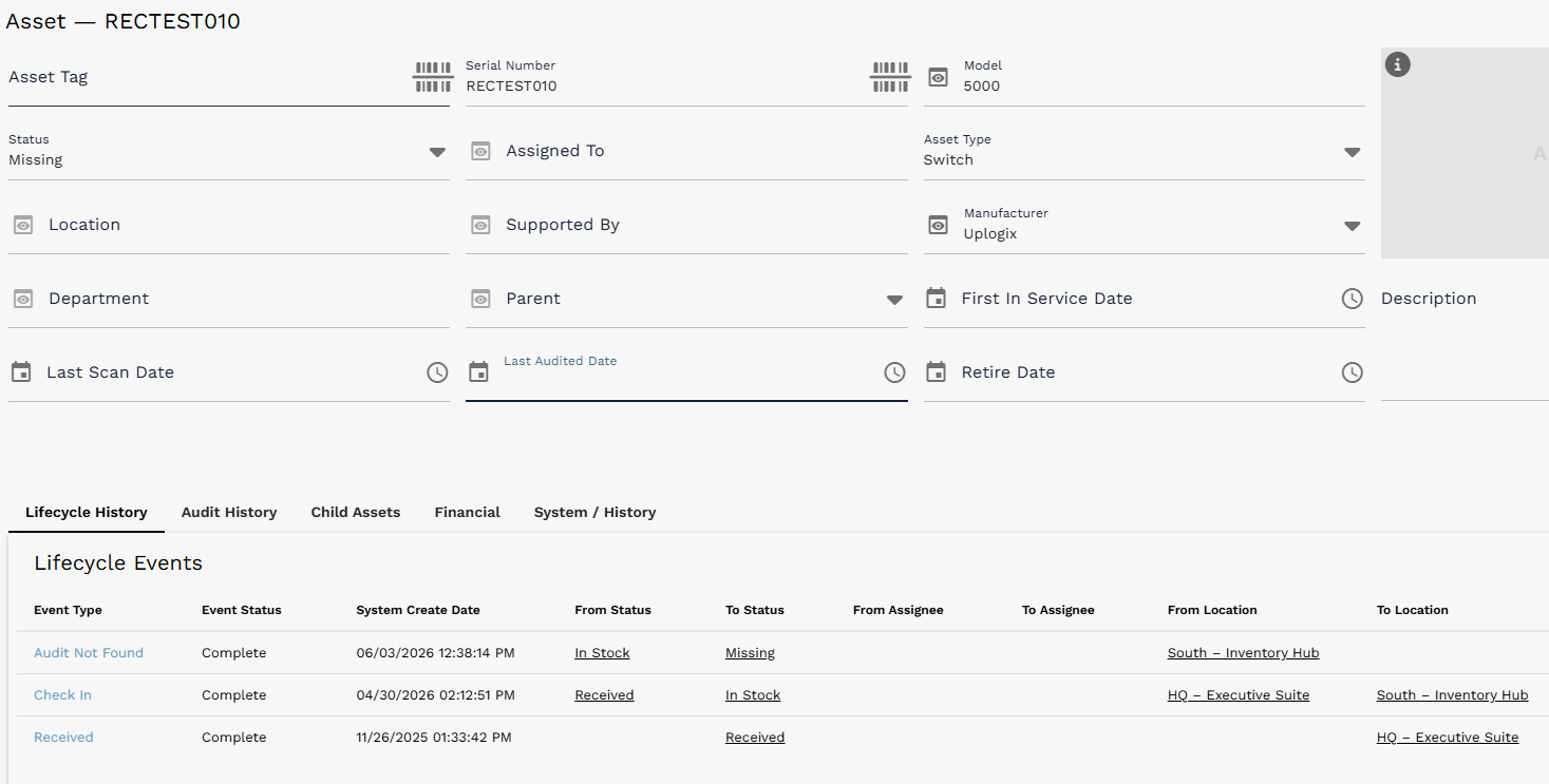 Asset record showing Audit History after an audit item is created