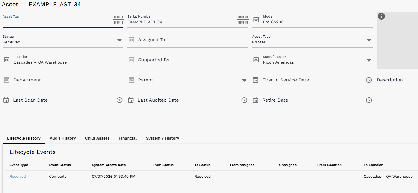 Asset record created from PO receiving, showing received status, location, model, manufacturer, and the related Received lifecycle event