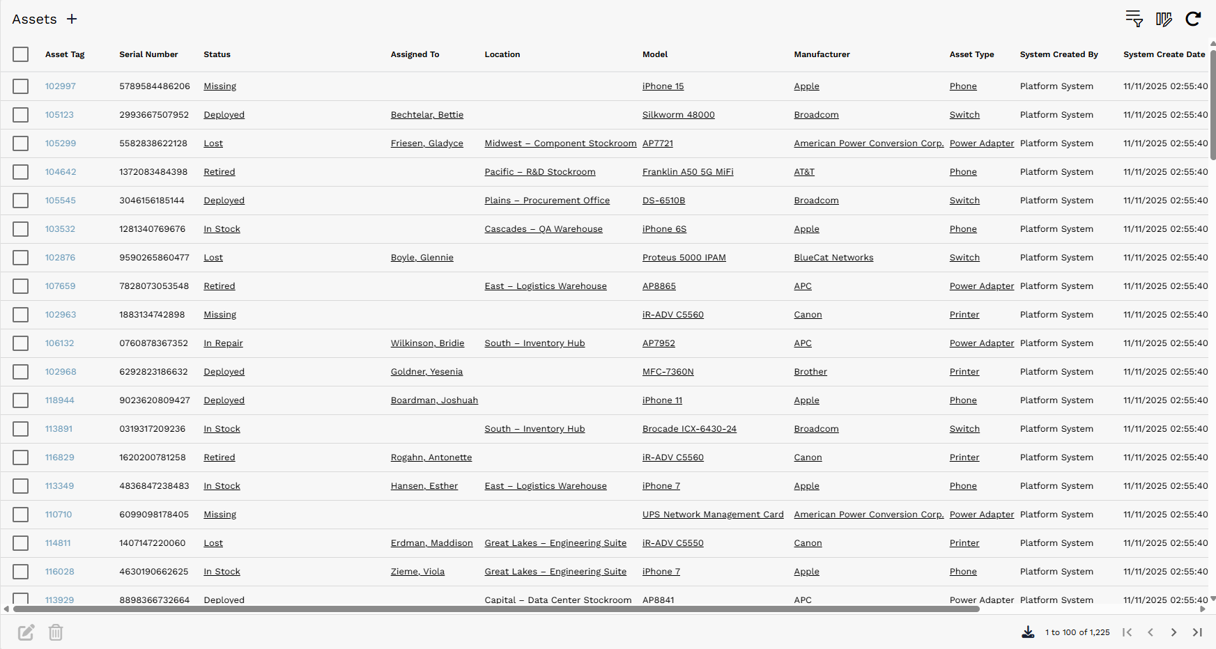 Example Asset record list with row selection boxes, sortable columns, query controls, column selection, refresh, and pagination