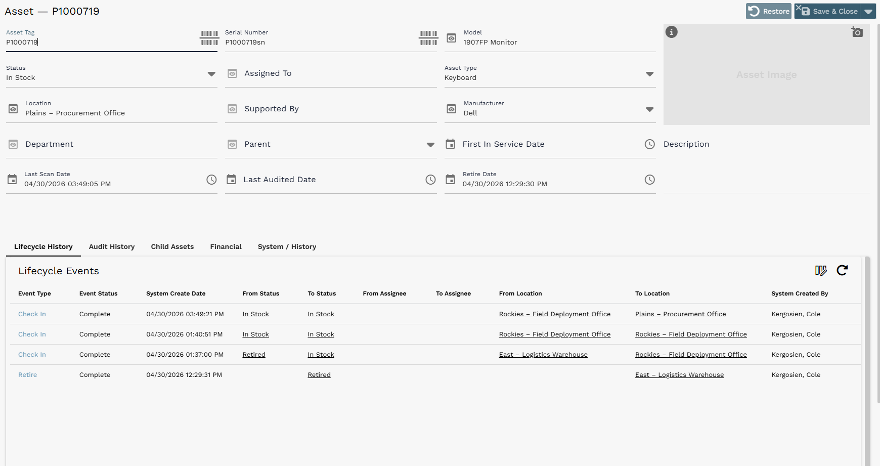 Example regular form: Asset record with editable fields, tabs, image area, and an embedded related-record list