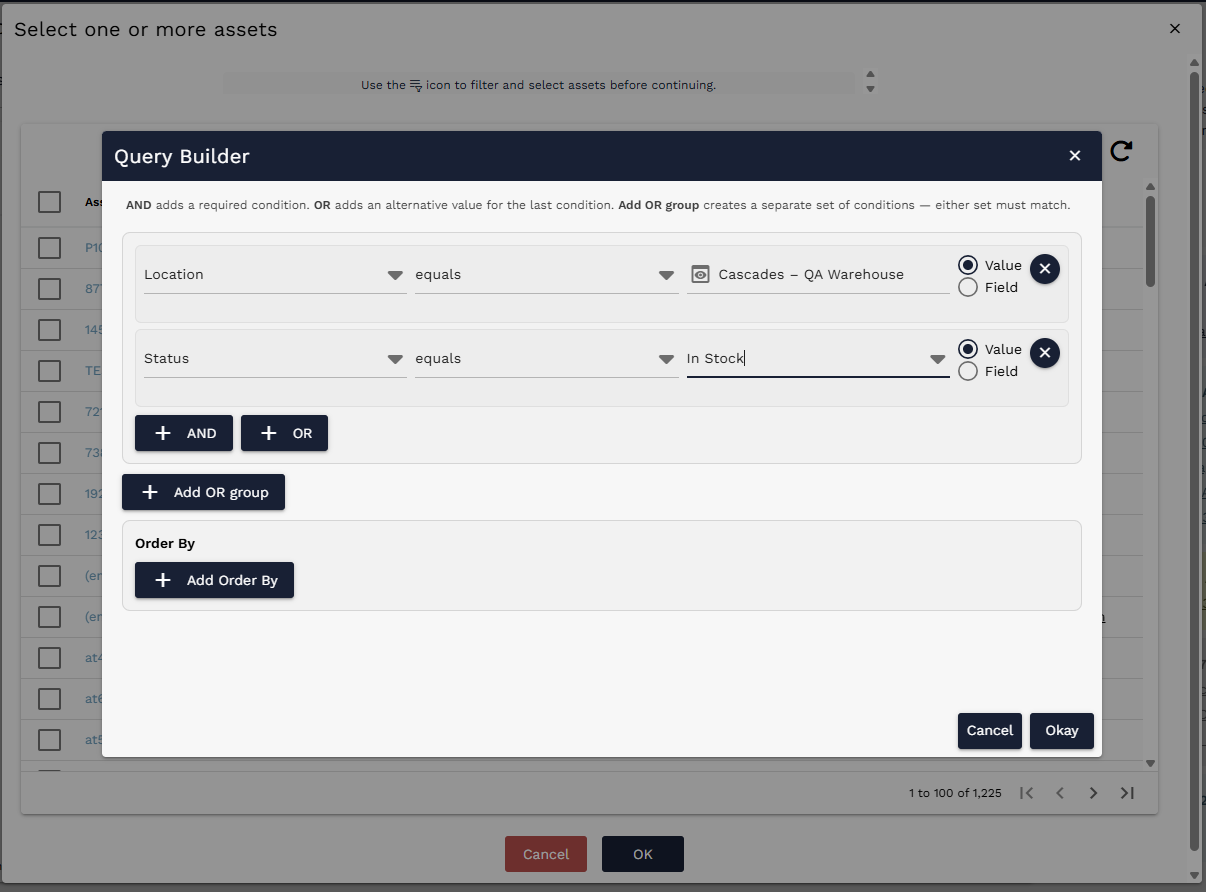 Query Builder opened from the asset search dialog to filter available assets before selecting them