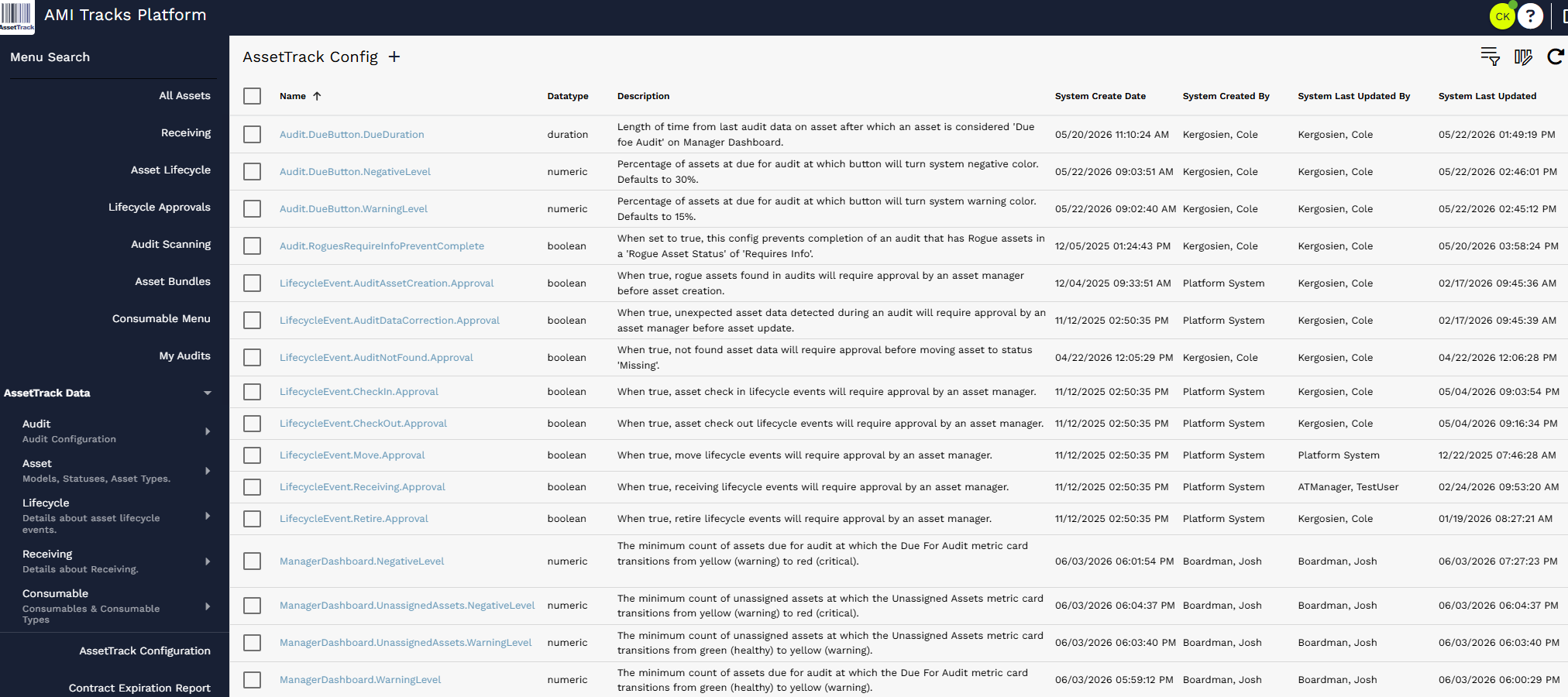 AssetTrack Configuration list showing existing configuration settings