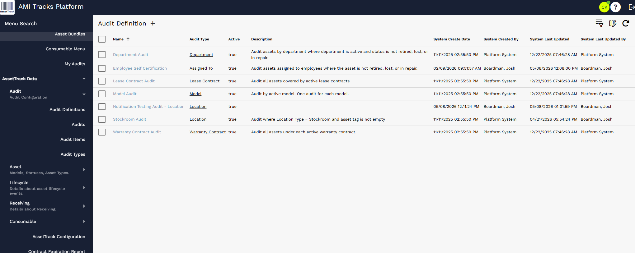 Audit Definitions list used to create or open audit definitions