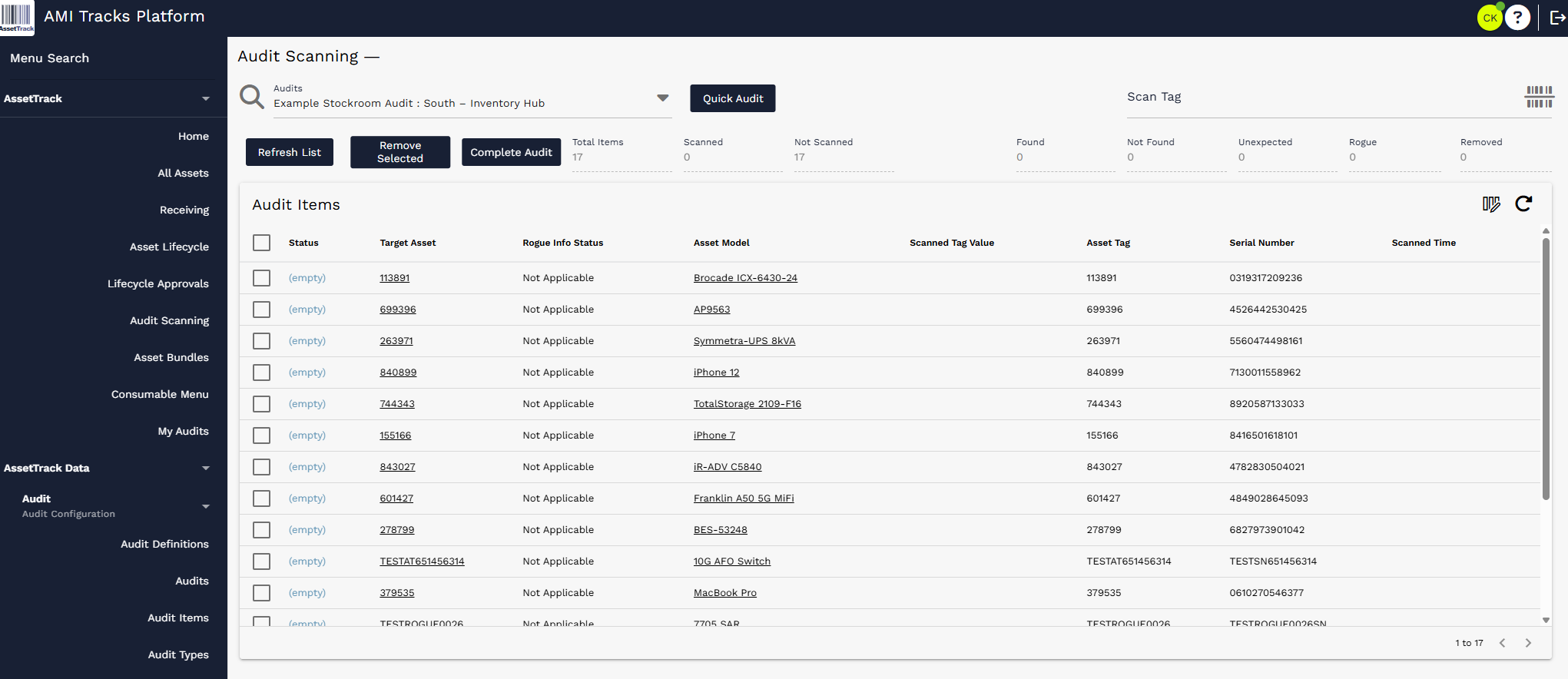 Audit Scanning page with an audit selected, scan controls, totals, and audit items