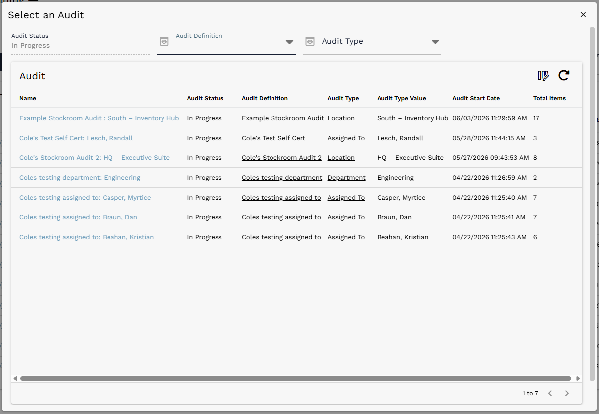 Audit Search dialog used to choose an In Progress audit