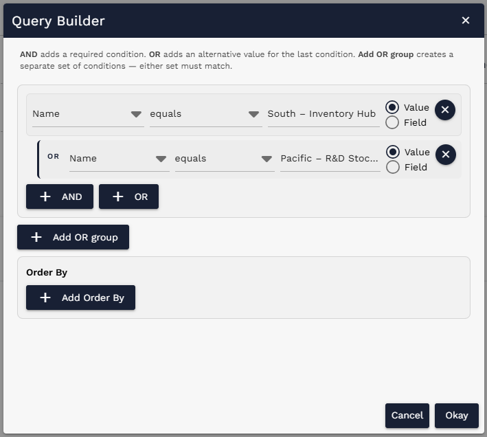 Audit Type Query example matching two stockroom locations