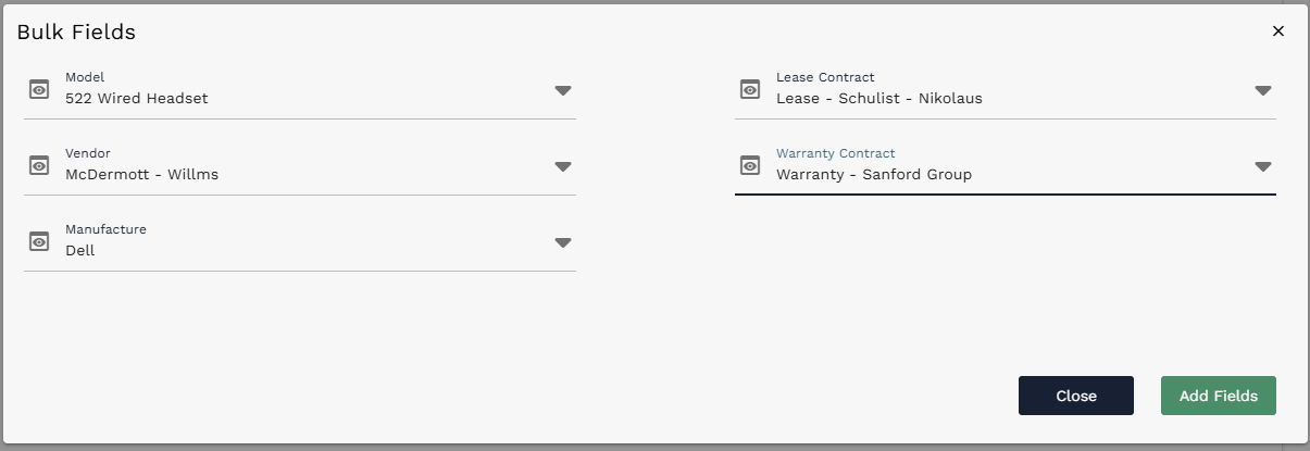 Bulk Fields dialog populated with Model, Vendor, Manufacturer, Lease Contract, and Warranty Contract values