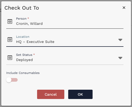 Check Out To dialog with Person, Location, Set Status, and Include Consumables options