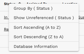 Column header context menu with Group By, Show Unreferenced, Sort Ascending, Sort Descending, and Database Information options