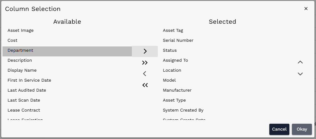 Column Selection dialog with Department highlighted in Available