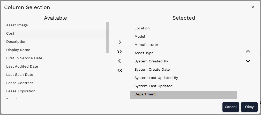 Column Selection dialog after Department has been moved into Selected