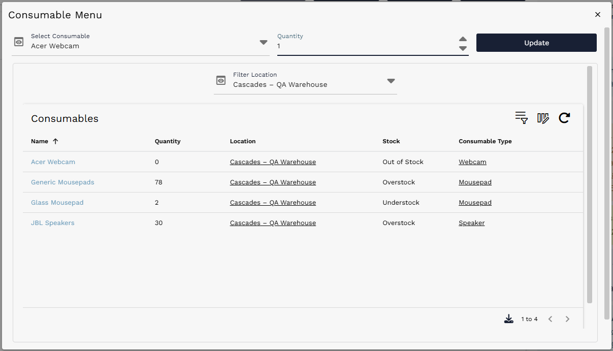 Consumable Menu opened over the lifecycle action form after Include Consumables is selected