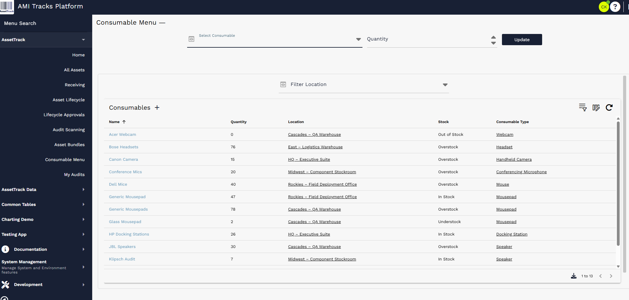Consumable Menu display form with Select Consumable, Quantity, Update, Filter Location, and the Consumables list