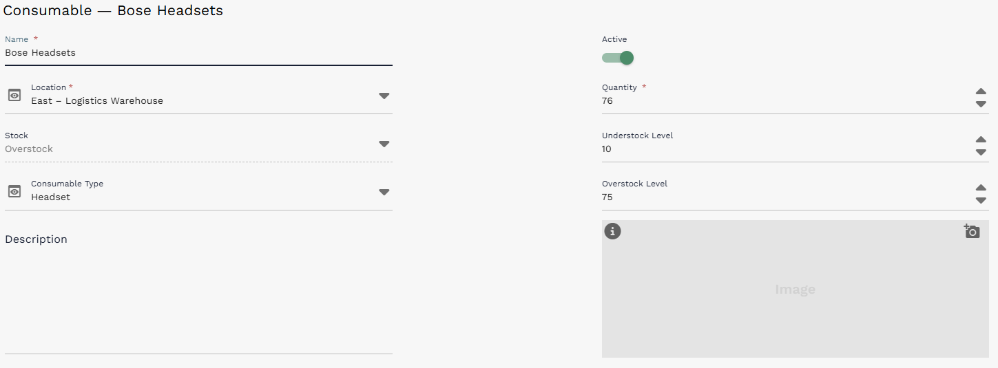 Detailed Consumable record showing name, location, quantity, stock level settings, consumable type, description, and image area