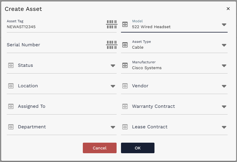 Create Asset dialog opened from the Selected Assets plus icon