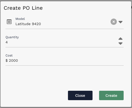 Create PO Line dialog with Model, Quantity, and Cost populated
