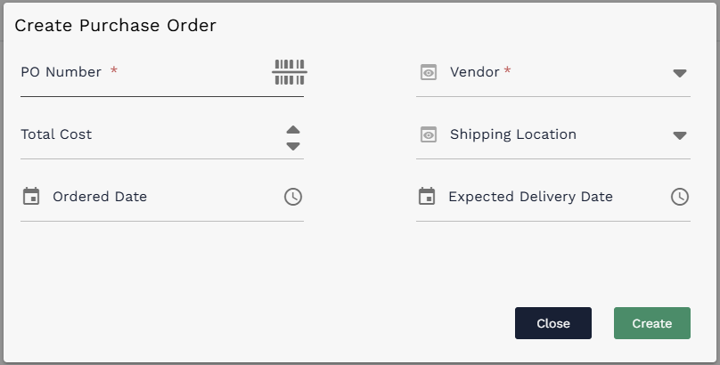 Create Purchase Order dialog before values are entered
