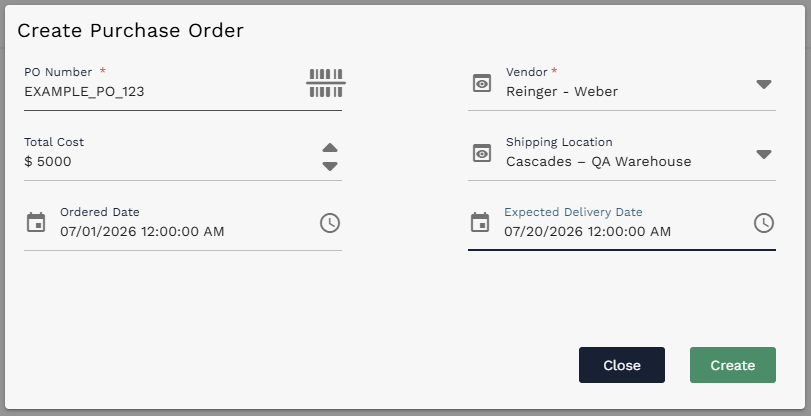 Create Purchase Order dialog with PO Number, Total Cost, Ordered Date, Vendor, Shipping Location, and Expected Delivery Date populated
