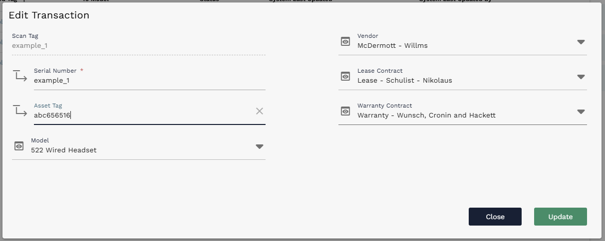 Edit Transaction dialog showing Scan Tag, Serial Number, Asset Tag, Model, Vendor, Lease Contract, and Warranty Contract values before Submit