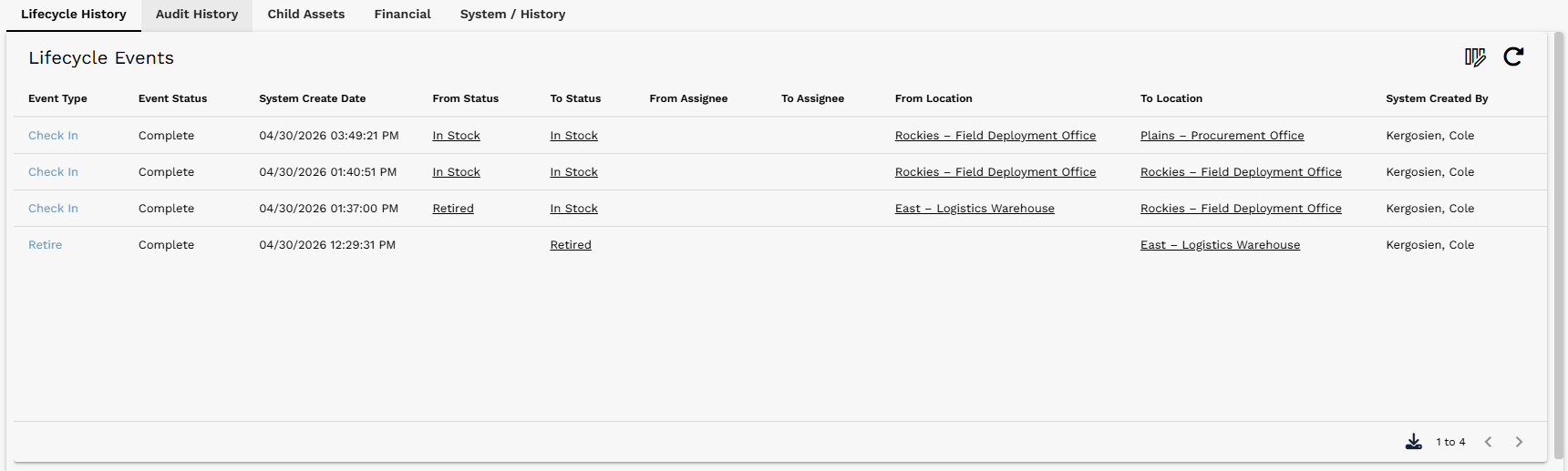 Embedded Asset Lifecycle list on an Asset form. The embedded list includes list controls just like a standalone record list
