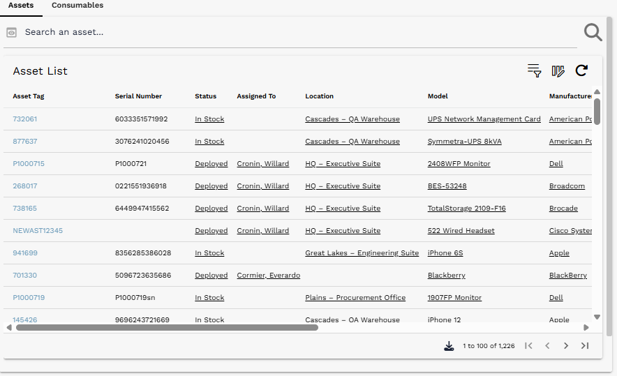Embedded Asset List on the AssetTrack Manager dashboard