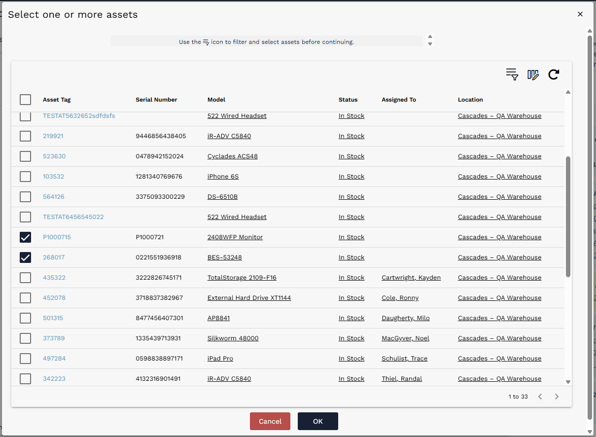 Filtered asset search results with assets selected by check box