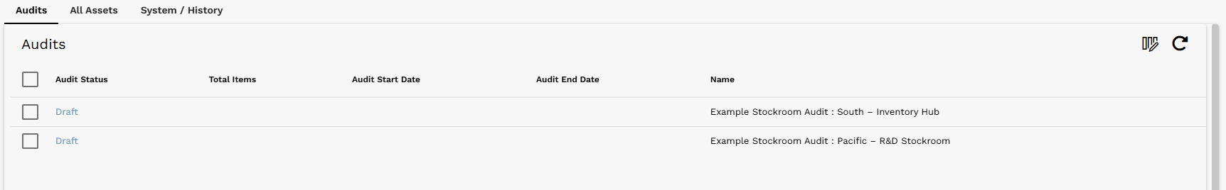 Generated audits shown in Draft status on the Audit Definition form