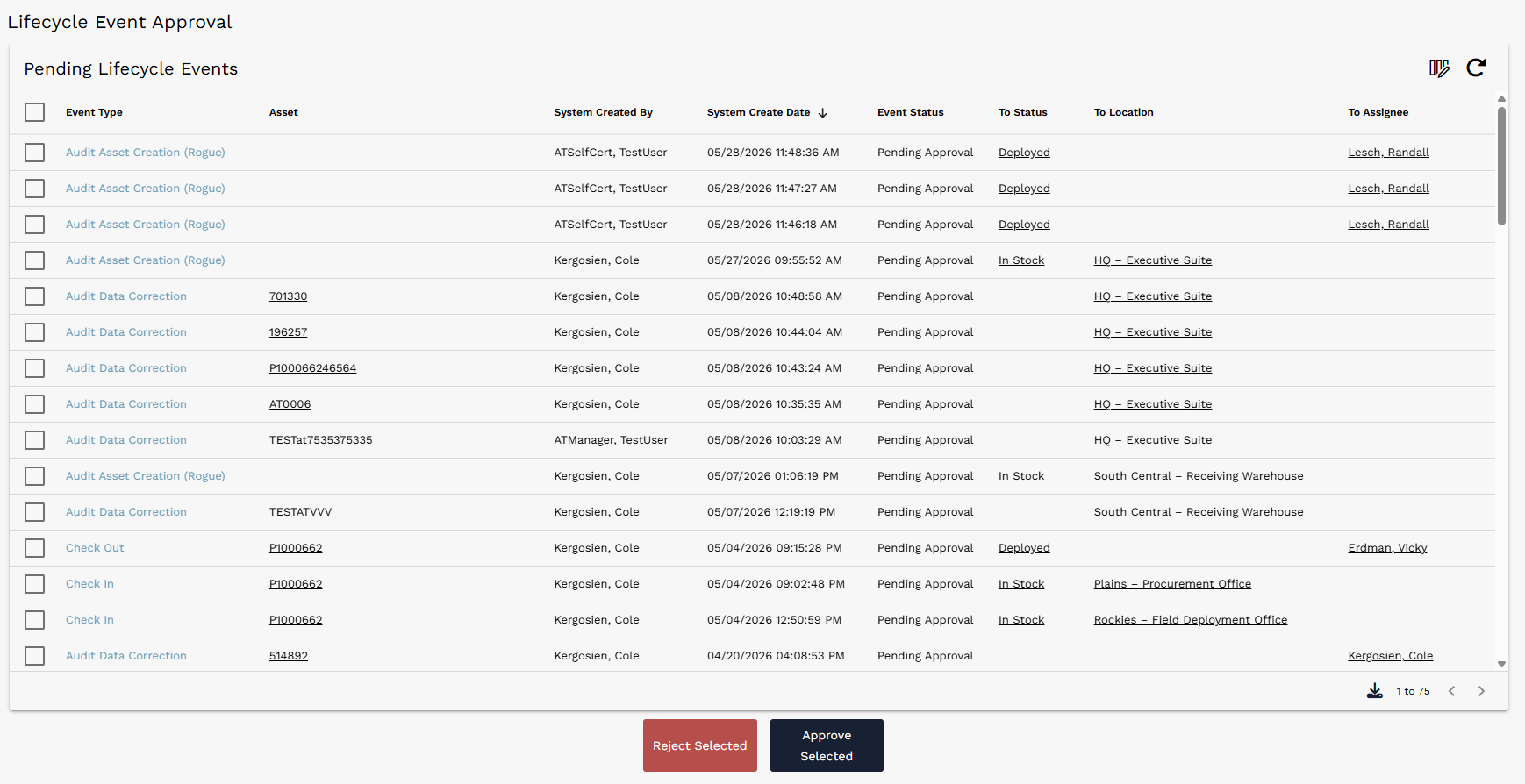 Lifecycle Event Approval page showing Pending Lifecycle Events and batch approval controls