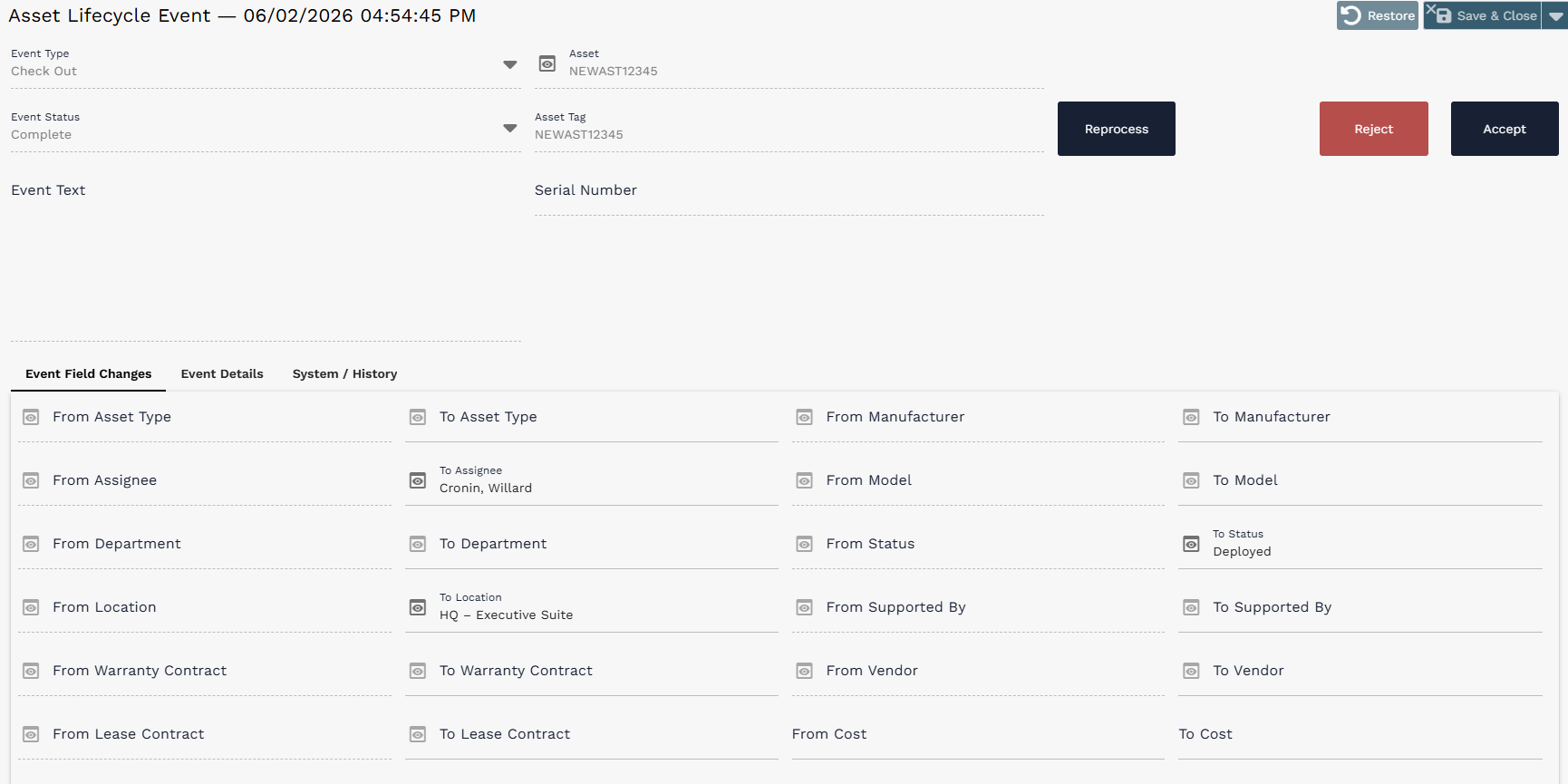 Lifecycle Event record showing the field changes created by the Check Out action