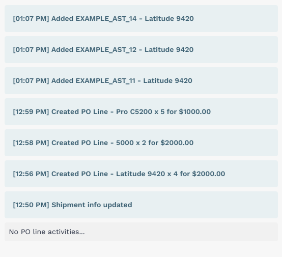 Activity log showing line items added under the selected PO Line