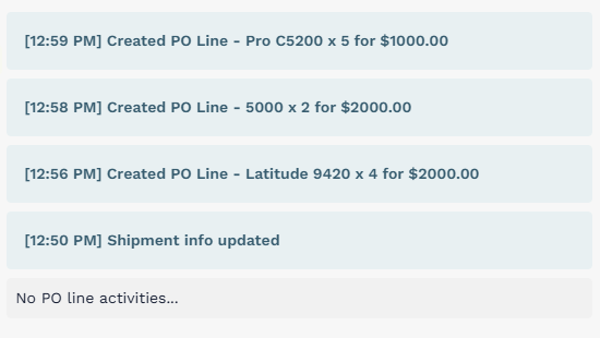 Activity log showing multiple PO Lines created during the session