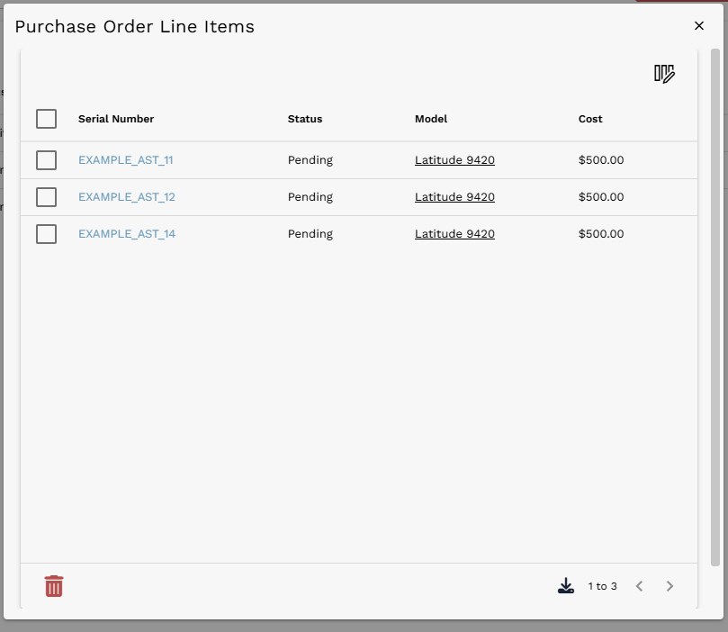 Latitude 9420 PO Line Items dialog showing three pending items, while the PO Line quantity expects four