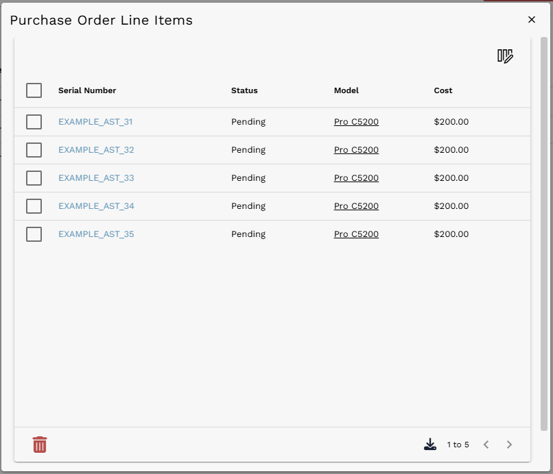 Purchase Order Line Items dialog showing pending line items for the Pro C5200 PO Line