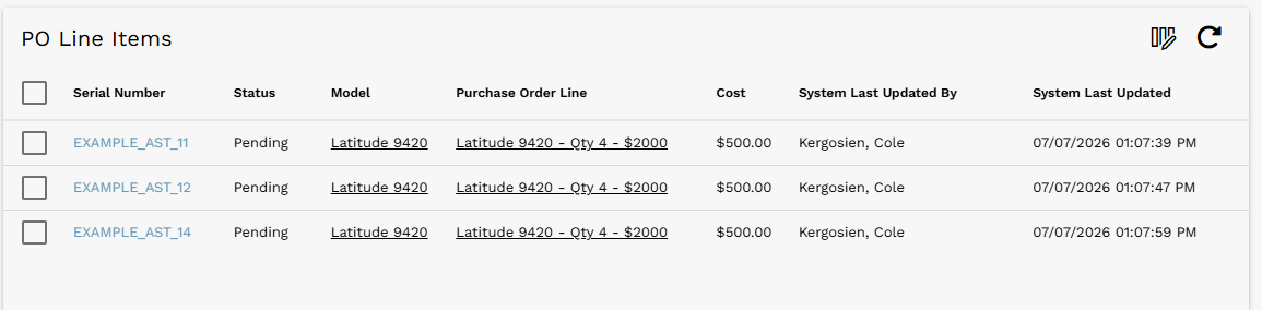 PO Line Items related list showing individual pending line items under the selected PO Line