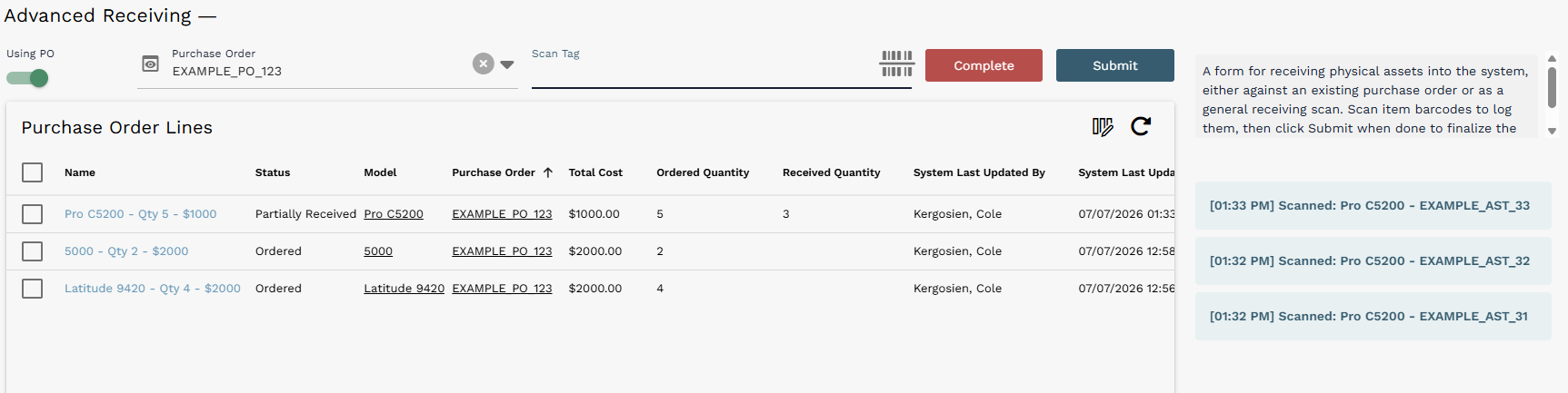 After several scans, the matching PO Line becomes Partially Received and the session log records each scan