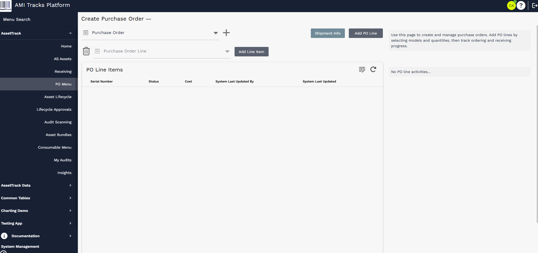 PO Menu page with Purchase Order, Purchase Order Line, PO Line Items, action buttons, instructions, and the activity log