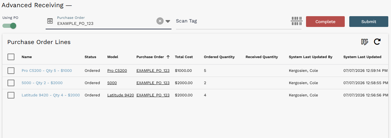 Purchase Order Lines populated after selecting EXAMPLE_PO_123