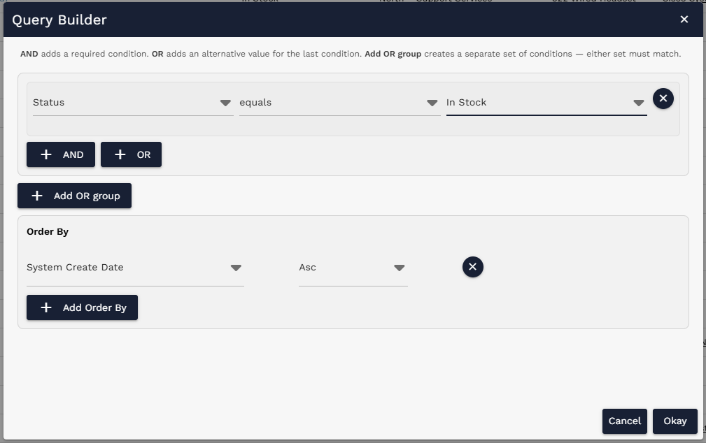 Completed query filtering Status equals In Stock and ordering by System Create Date