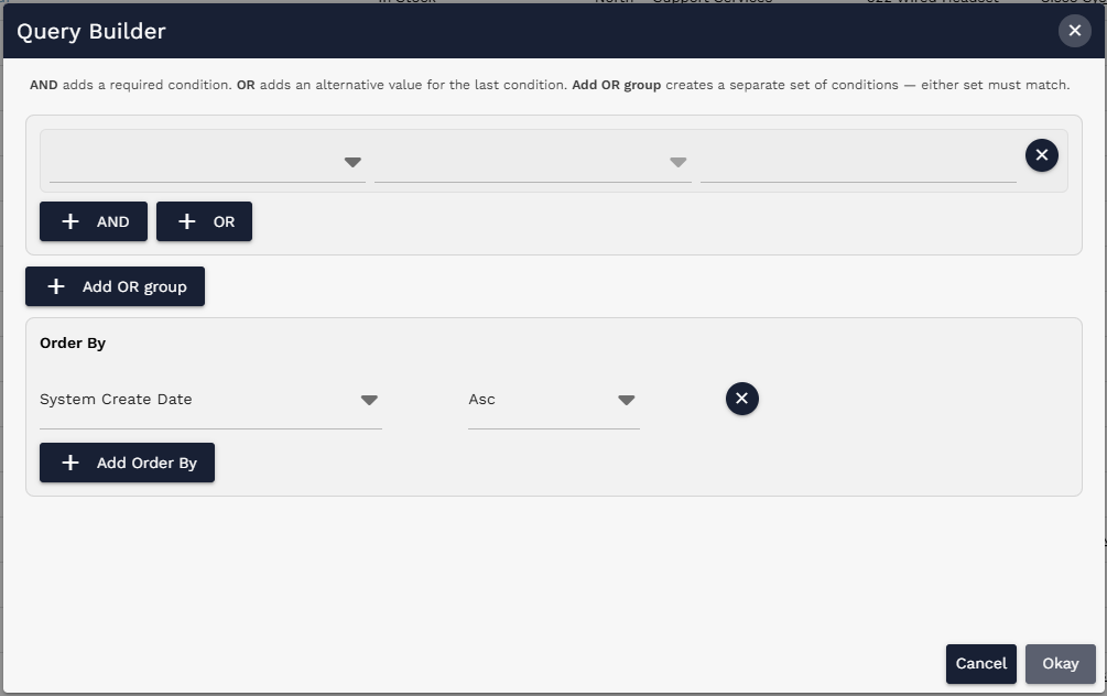 Query Builder dialog with condition and order-by sections