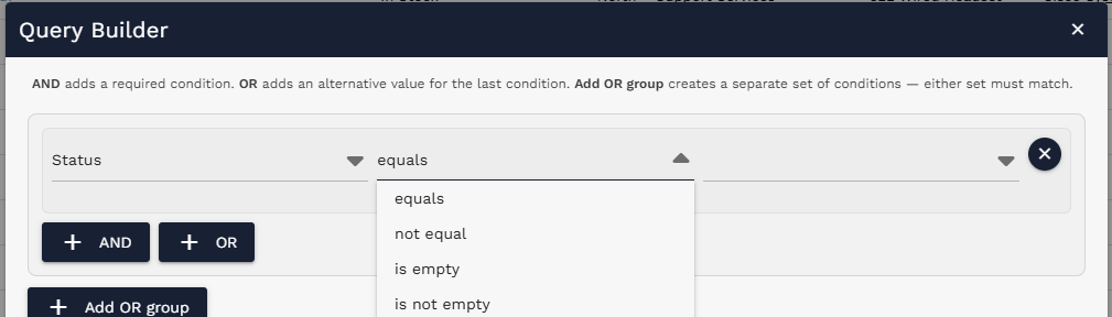 Operator dropdown showing available operators