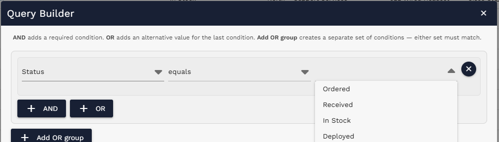 Value dropdown example showing status values such as Ordered, Received, In Stock, and Deployed
