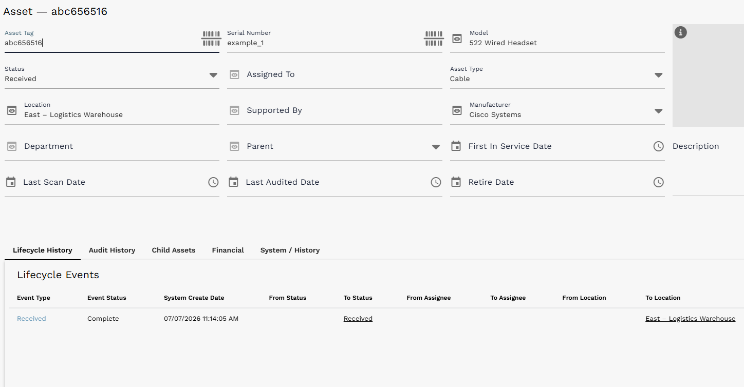 Received asset record showing received field values and a Received lifecycle event in Lifecycle History